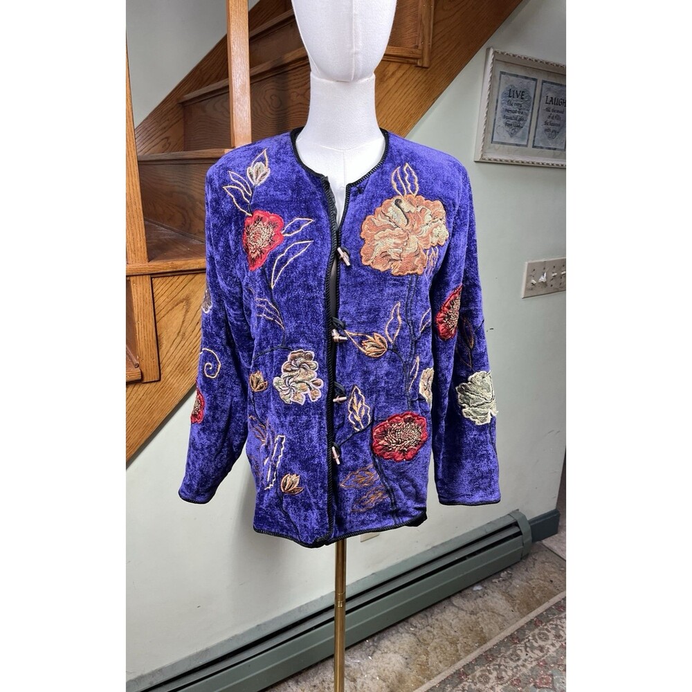 Alex Kim Blazer Jacket Petite Size PL Purple Embroidered Floral Lined Artsy Boho